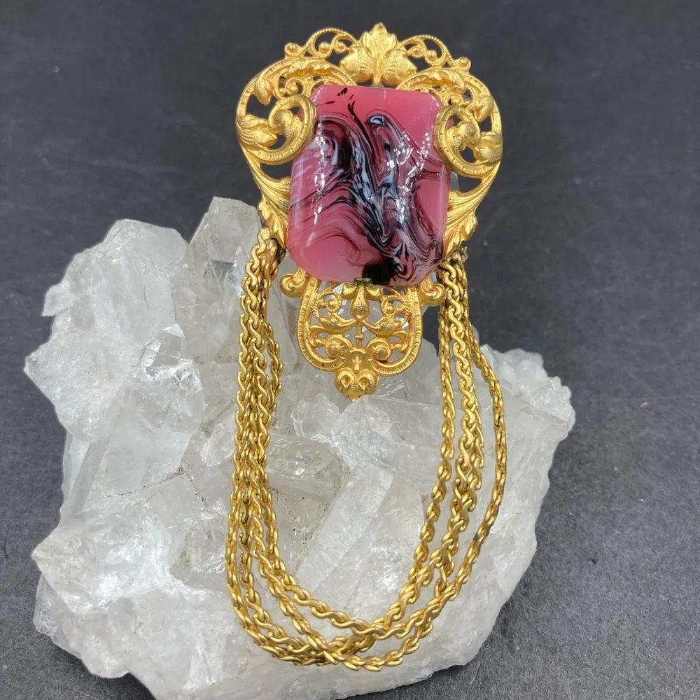 Vintage French Pink Art Glass Vase Chain Swag Brooch